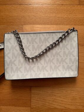 NWT Michael Kors Cream and Tan Logo Belt Bag with Silver Chain pull
